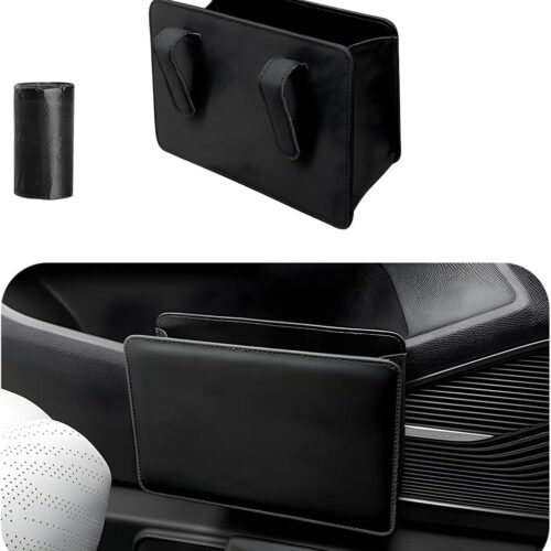Car Trash Can, Foldable Waterproof Leather Car Garbage Organizer Holder, Automotive Mini Dustbin Container with One Roll Trash Bag, Universal Interior Car Accessories (Black)