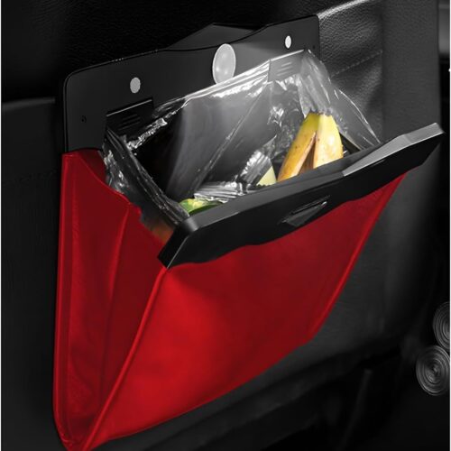 Hanging Car Trash Bag, Foldable Magnetic Garbage Can with Smart LED for Front Back Seat, Multi-Functional Waterproof Leather Rubbish Bag Storage Pocket, Car Accessories (Red)