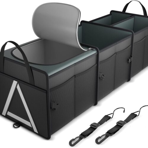 Sturdy Car Trunk Organizer with Premium Insulation Cooler Bag, Heavy Duty Collapsible for Car, SUV, Truck, or Van (3 Compartments, Black)