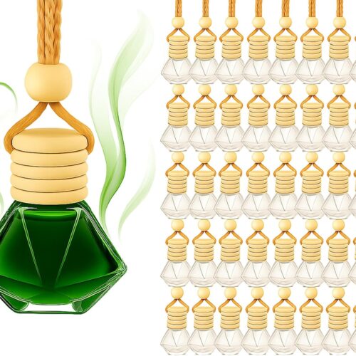 50 Pcs 8ml Hanging Car Air Freshener Diffuser,Clear Glass Car Diffuser Bottles Empty Bulk for Essential Oil Fragrance Perfume,Refillable Pendant Glass Vial with Wooden Cap Hanging String,Diamond Style