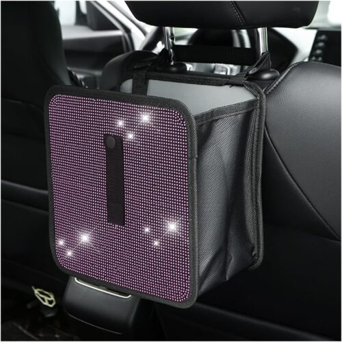 Car Foldable Trash Can, Bling Rhinestone Crystal Auto Hanging Waterproof Leakproof Garbage Bin, Vehicle Waste Basket Dustbin, Multipurpose Car Organizer Accessories for  Truck RV (Pink)