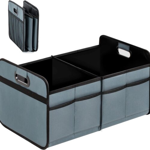 Trunk Organizer for Car/SUV/Truck, Collapsible 2 Compartment Automotive Storage Box, 600D Waterproof Oxford Polyester 50L Travel Accessories, Anti-slip & Leak-proof, Grey-Green